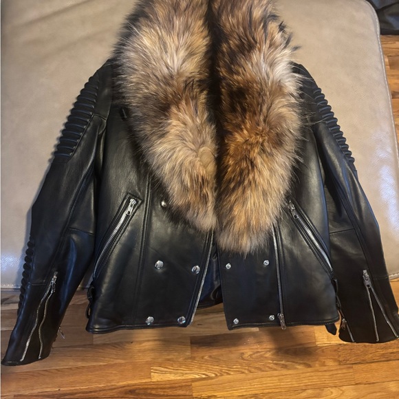 Black Leather Jacket with Fur Collar - Picture 2 of 5